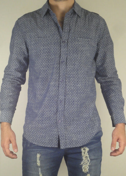 Diamond Printed Woven Roll-Sleeve Shirt (Blue)